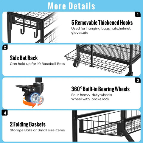 Heavy Duty Sports Equipment Garage Organizer With Ball Storage Rack Basket Hooks And Rolling Cart details with features