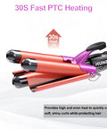Triple Barrel 1 Inch Curling Iron For Beachy Waves Fast Heating Hair Crimper with LCD temperature display, auto off feature.