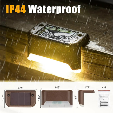 Top Shelf Solar Deck Lights 16 Pack, slick brown shell step light shown with IP44 waterproof rating, warm white glow for outdoor use.