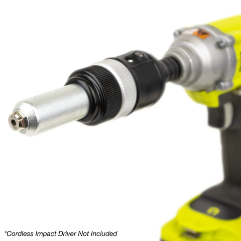 One Quarter Inch Hex Shank Blind Rivet Adapter Kit For Cordless Drill Or Impact Driver Turns Your Tool Into A Power Pop Riveter attached to impact driver