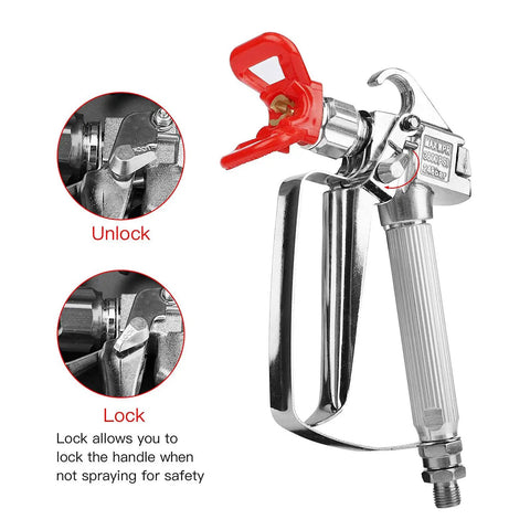 Close-up of 65 Ft Airless Spray Gun Hose Kit With 8 Inch Extension Pole Tip Guard 517 Tip 3600 Psi Max showing lock mechanism