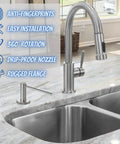 Long Spout Kitchen Soap Dispenser For Granite And Quartz Countertops In Brushed Nickel Stainless Steel Finish With Wide Flange On Sink