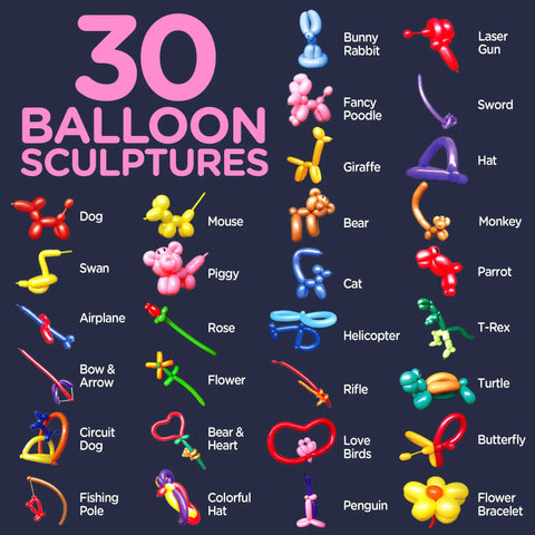 Guide showcasing 30 balloon sculptures from Balloon Animal Kit For Beginners With Pump And Manual 120 Pieces Create 30 Plus Fun Balloon Sculptures Easy Twist And Model Party Activity For Teens Boys And Girls Ideal Gift For Parties And Kids
