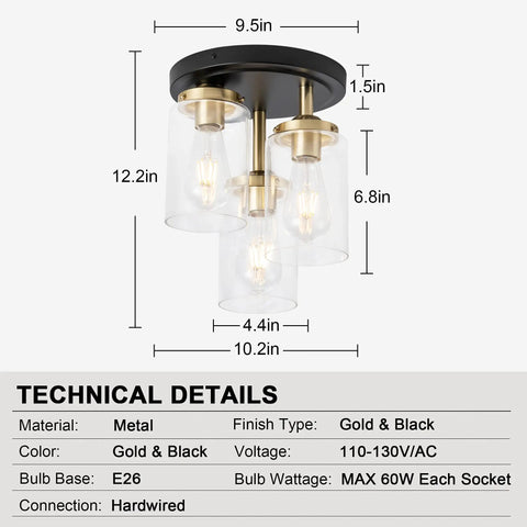 Technical details of Three-Light Semi Flush Mount Ceiling Light Fixture With Dope Clear Glass Cylinder Shades In Gold Finish