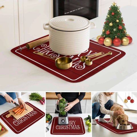 Christmas Dish Drying Mat For Kitchen Counter With Retro Red Wood Grain, Ultra Absorbent Microfiber, 18 by 24 inches under cookware