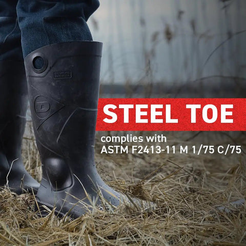 Steel Toe Waterproof PVC Work Boots For Men And Women With Wide Calf Grippy Rubber Outsole, Lightweight Garden Rain And Fishing Safety Boots, All Day Comfort, Rugged Protection, Black