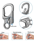 Double Lock Carabiner Clip With Anti Misopening Design 3.1 Inch Zinc Alloy Heavy Duty Keychain instructions and detail view