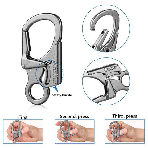 Double Lock Carabiner Clip With Anti Misopening Design 3.1 Inch Zinc Alloy Heavy Duty Keychain instructions and detail view