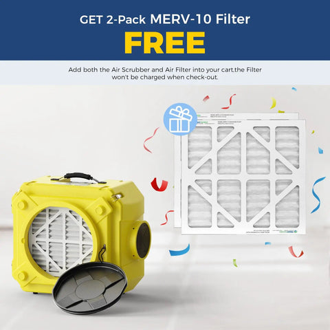 Powerful Beefed Up Three Stage Air Scrubber with MERV 10 filter, shown with free 2-pack offer, yellow casing
