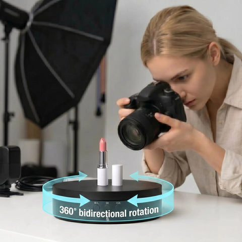 Top Notch Motorized Rotating Display Stand With 360 Degree Electric Photography Turntable showcasing lipstick during a photoshoot.