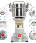 Heavy Duty 700G Grain Mill Grinder With 2500W Powerhouse High Speed Electric Motor For Corn Rice Pepper Herbs Cereals And Spices Producing Fine Powder At 50 To 300 Mesh And 36000 RPM In Stainless Steel showcased with details and controls.