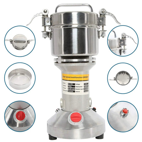 Heavy Duty 700G Grain Mill Grinder With 2500W Powerhouse High Speed Electric Motor For Corn Rice Pepper Herbs Cereals And Spices Producing Fine Powder At 50 To 300 Mesh And 36000 RPM In Stainless Steel showcased with details and controls.