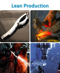 Collage of images showing metal tool manufacturing: a gland nut wrench, hammer forging, grinding with sparks, and CNC machining.