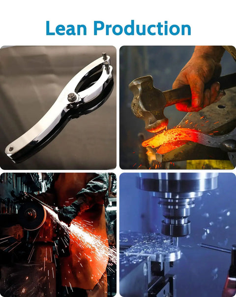 Collage of images showing metal tool manufacturing: a gland nut wrench, hammer forging, grinding with sparks, and CNC machining.