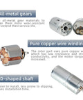 Two Pack 6-12V DC Gear Motors With Double Shaft High Torque Quiet 350 RPM All Metal Gears with copper wire winding and D-shaped shaft.