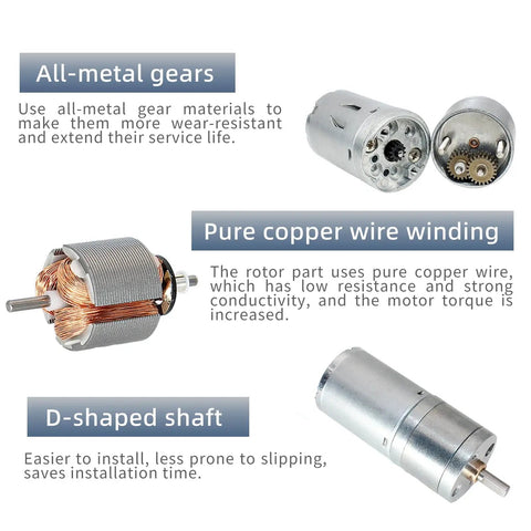 Two Pack 6-12V DC Gear Motors With Double Shaft High Torque Quiet 350 RPM All Metal Gears with copper wire winding and D-shaped shaft.