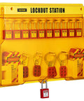 58 Piece Lockout Tagout Kit For Rock Solid Electrical Safety Featuring Industrial Station Padlocks Hasps Warning Tags Zip Ties Works Like A Charm For Heavy Duty Factory And Plant Projects - wall-mounted lockout station with padlocks and warning tags.
