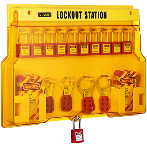 58 Piece Lockout Tagout Kit For Rock Solid Electrical Safety Featuring Industrial Station Padlocks Hasps Warning Tags Zip Ties Works Like A Charm For Heavy Duty Factory And Plant Projects - wall-mounted lockout station with padlocks and warning tags.