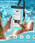 Person using Three Pack Universal Waterproof Phone Pouches With IPX8 Dry Bag Case by the pool, showing phone screen interaction.
