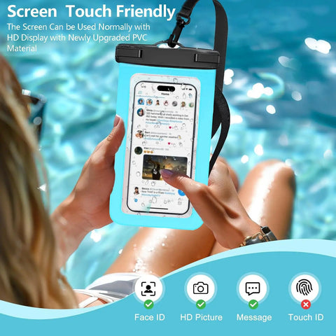 Person using Three Pack Universal Waterproof Phone Pouches With IPX8 Dry Bag Case by the pool, showing phone screen interaction.