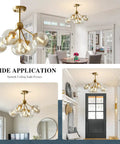 5 Light Amber Glass Globe Chandelier With Brass Gold Finish mounted in a living room, showcasing semi flush design.