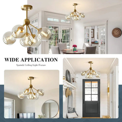 5 Light Amber Glass Globe Chandelier With Brass Gold Finish mounted in a living room, showcasing semi flush design.