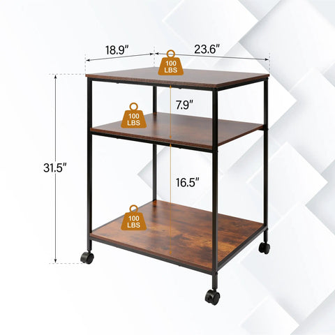 Top Shelf Premium Steel Frame 3 Tier Printer Stand Beefy Rolling Cart showing dimensions and weight capacity of 100 lbs per shelf.