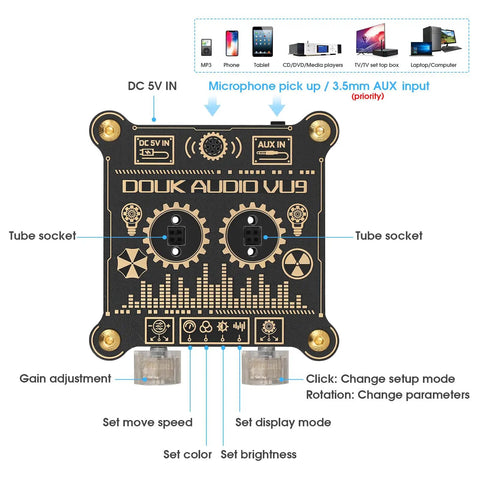 VU9 Pixie Tube Sound Level Meter With Retro Nixie Tube Visual Audio Spectrum Display Dope Vibe Microphone And 3.5mm Aux Input Home Desktop Decoration Black 3.35 Inch front view with controls