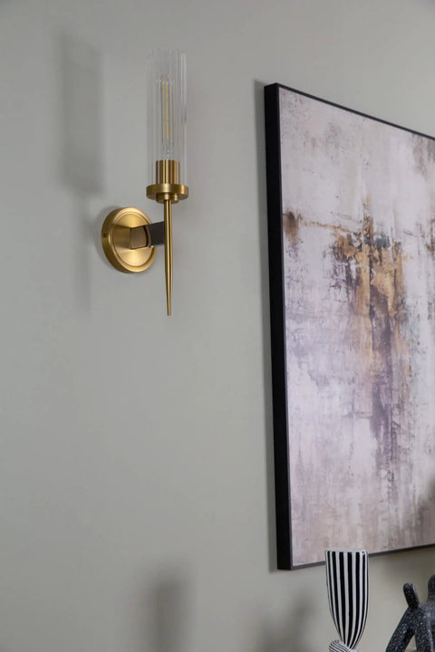 Vintage Brass Gold Wall Sconce Light Fixture With 2.8 Inch Cylindrical Clear Glass Shade For Living Room Home Office And Entryway, E26 Base Compatible, Dimmable With Dimmer Or Remote