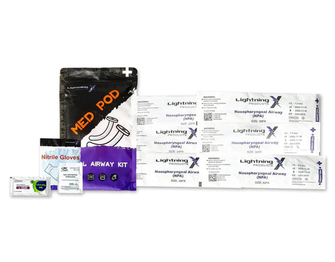Deluxe Pro Grade Nasopharyngeal Airway Kit with six NPAs in sizes 22FR to 32FR, includes jelly, wipes, and nitrile gloves shown.