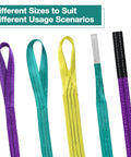 Five 2in x 2ft polyester lifting sling straps with flat eyes in purple, teal, yellow, teal/white, black/purple