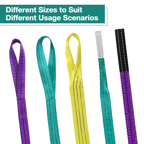 Five 2in x 2ft polyester lifting sling straps with flat eyes in purple, teal, yellow, teal/white, black/purple