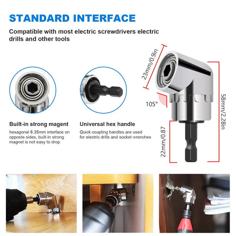 Diagram and images of 105° hex shank right-angle attachment from Flexible Drill Bit Extension Set All In One 19 Pieces.