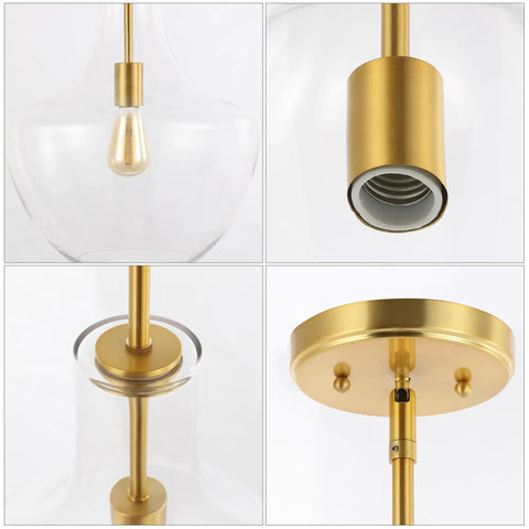 Details of Brass Gold Clear Mid Century Modern 1 Light LED Pendant Light Fixture With Adjustable Schoolhouse Hanging Stem