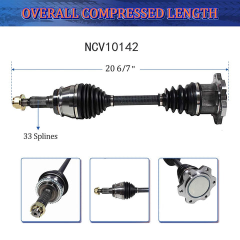 Front 4WD CV Axle Set For Chevy Silverado 1500 Tahoe Suburban K1500 1988-2007 And GMC Sierra 1500 Yukon XL 1500 Cadillac Escalade ESV EXT 99-2005 Premium High Quality Replacement showing NCV10142 with overall length and splines