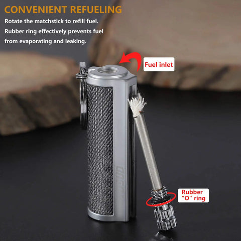 2 Pack Permanent Infinity Match Lighters With Multitool Keychains Reusable Waterproof Strike Anywhere Flint Fire Starters For Outdoor Survival EDC Gear For Men Fuel Not Included showing refueling process.