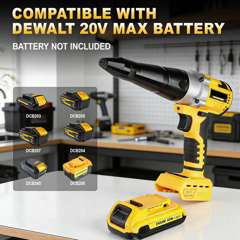Cordless Pop Rivet Gun Kit For DeWalt 20V Max Brushless Automatic Riveting Tool showing compatibility with multiple batteries