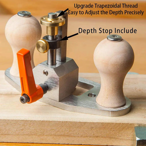 Router Plane Hand Tool With Depth Stop And Base Holes, shown with ergonomic handles and easy depth adjustment on wooden base.