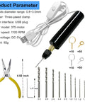 233 Piece Craft Toolkit Featuring Electric Hand Drill And Precision Bits For Resin Art And Keychain Making Includes Flat Nose Pliers Jump Rings And Screw Eyes showcasing drill, bits, pliers, and USB adapter.