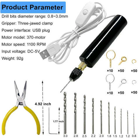 233 Piece Craft Toolkit Featuring Electric Hand Drill And Precision Bits For Resin Art And Keychain Making Includes Flat Nose Pliers Jump Rings And Screw Eyes showcasing drill, bits, pliers, and USB adapter.