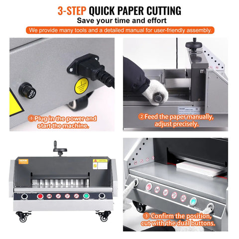 VEVOR 13 Inch Electric Paper Cutter, Desktop Trimming Blade Machine For Office And School with assembly instructions and user steps.