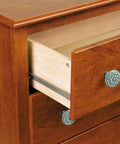 Solid Green Ceramic Cabinet Knobs In A Ten Piece Bundle, 34mm Drawer Pulls adding style to wooden dresser drawers.