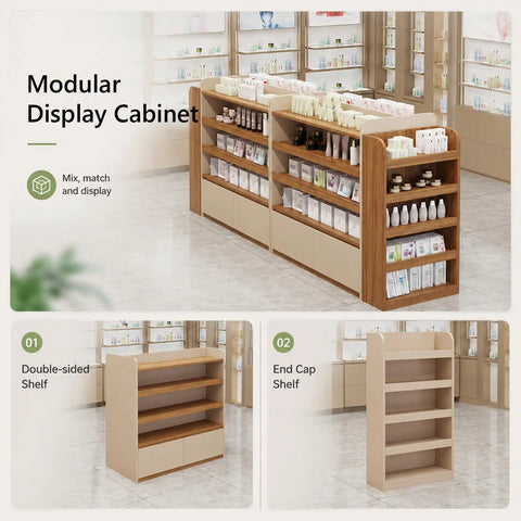 Heavy Duty Double Sided Gondola Shelving With Storage Cabinet Built Tough For Retail Shops And Boutiques Two Tone Commercial Rack Shop Ready Real Deal Display System