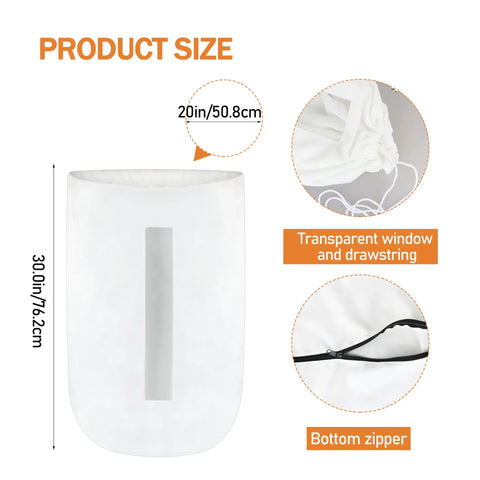 70 Gallon Heavy Duty Dust Collector Bag for Woodworking with transparent window and drawstring, product dimensions indicated