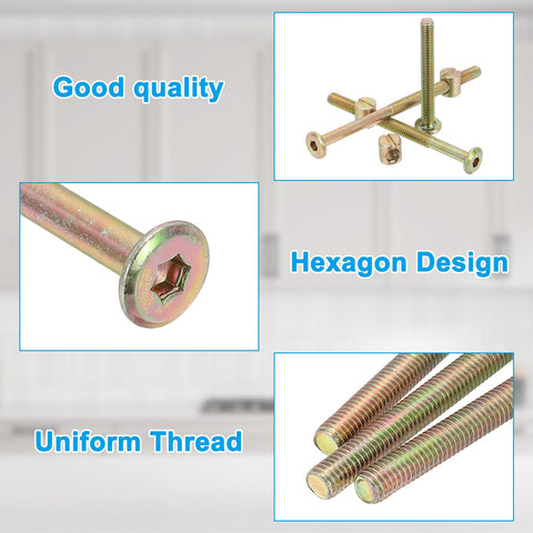 Close-up of M6 X 120mm Bunk Bed Bolts Kit With Hex Drive Socket Cap Screws, Barrel Nuts And Wrench, 8 Pack Furniture Bed Hardware in zinc finish.