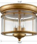Rustic Gold 3-Light Flush Mount Ceiling Light With Clear Glass Shade, Antiqued Brass Finish, Vintage Style Fixture for versatile spaces.