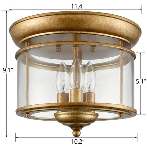 Rustic Gold 3-Light Flush Mount Ceiling Light With Clear Glass Shade, Antiqued Brass Finish, Vintage Style Fixture for versatile spaces.