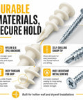 All In One Drywall Anchor Kit With Self Drilling Nylon Anchors And Screws, 300 Piece Set In Durable Organizer Case, Three Sizes For Quick No Sweat Mounting In Wood, Metal, And Drywall., nylon 6/6 anchors and self-drilling screws for drywall