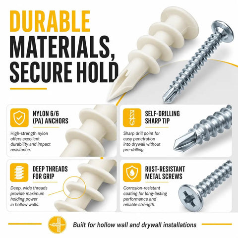 All In One Drywall Anchor Kit With Self Drilling Nylon Anchors And Screws, 300 Piece Set In Durable Organizer Case, Three Sizes For Quick No Sweat Mounting In Wood, Metal, And Drywall., nylon 6/6 anchors and self-drilling screws for drywall