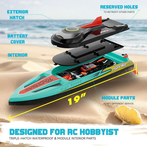 Brushless RC Boat 40MPH Beast With Self Righting LED Lights 19 inch racing boat showing interior hatch design on beach